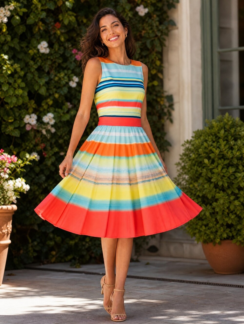 Ted Baker Multicolor Striped Sleeveless Midi Dress with Coral Waistband